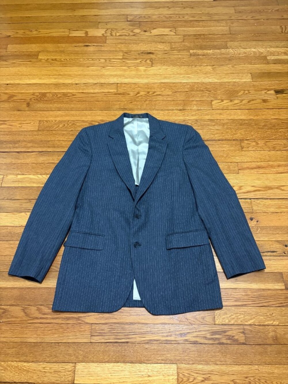 Johnny Carson Mens Blazer Jacket Sz 40L Gray Pinstriped Man In Wool Vintage 80s